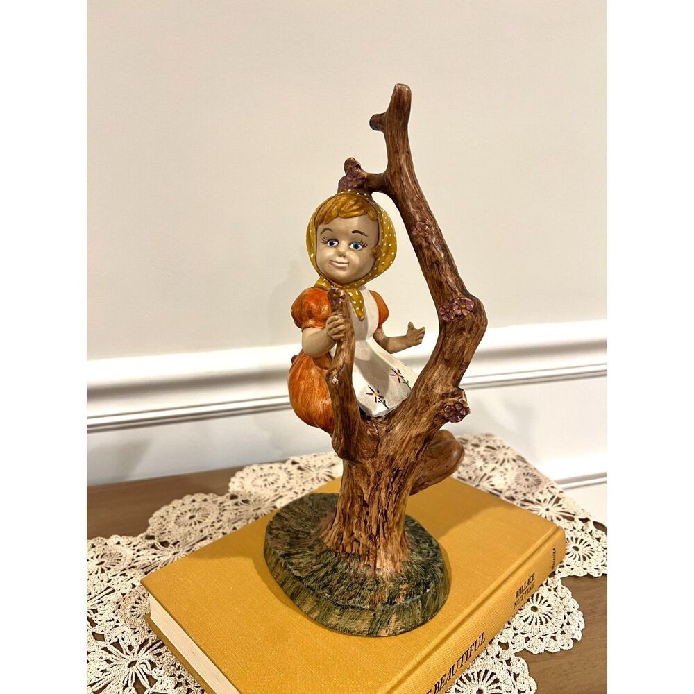 Large Vintage 1983 Hand-Painted Ceramic Figurine – Girl in Apple Tree 70s Vibe